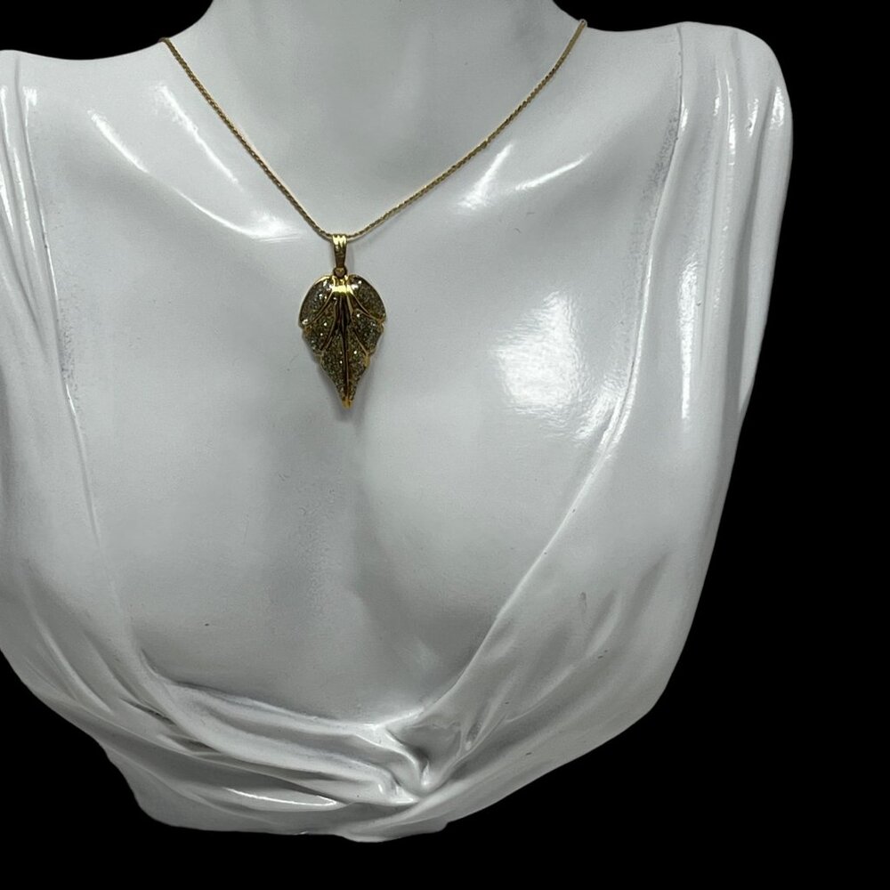 Vintage Leaf  Feather Necklace Diamond‎ Dust Gold Tone Serpentine Chain
